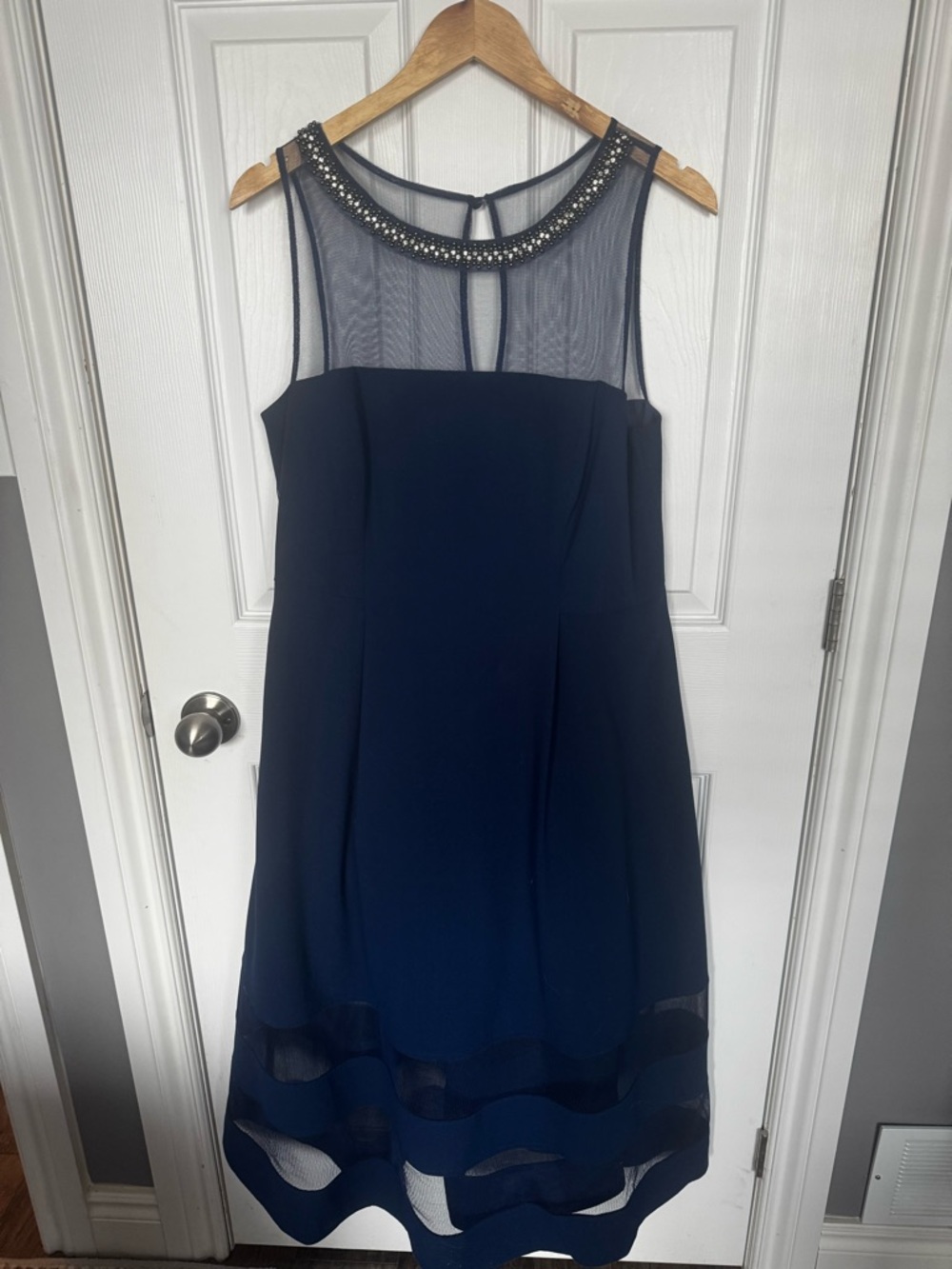 Aidan Mattox Navy Mesh Yoke Beaded Tea-Length Dress